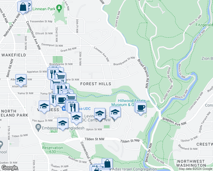 map of restaurants, bars, coffee shops, grocery stores, and more near 4451 29th Street Northwest in Washington