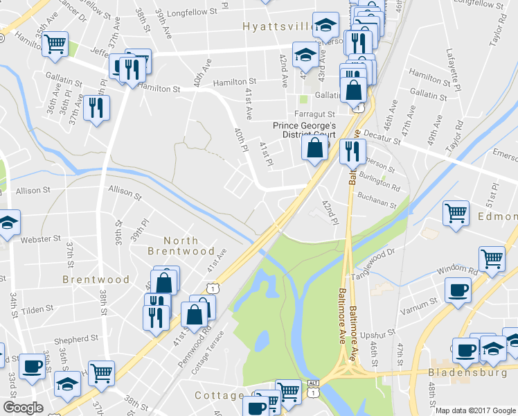 map of restaurants, bars, coffee shops, grocery stores, and more near 4703 41st Place in Hyattsville