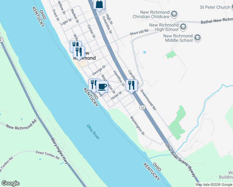 map of restaurants, bars, coffee shops, grocery stores, and more near 221 Hotel Street in New Richmond
