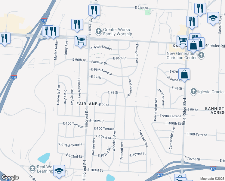map of restaurants, bars, coffee shops, grocery stores, and more near 6105 East 97 Street in Kansas City