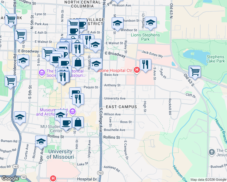 map of restaurants, bars, coffee shops, grocery stores, and more near 400 Blair Court in Columbia