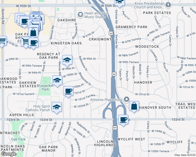 map of restaurants, bars, coffee shops, grocery stores, and more near 10009 Ballentine Drive in Overland Park