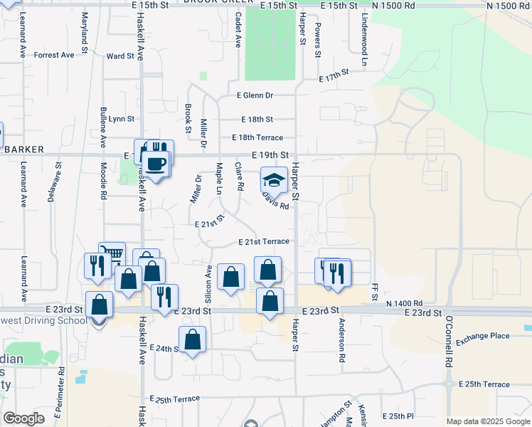 map of restaurants, bars, coffee shops, grocery stores, and more near 1605 Davis Road in Lawrence