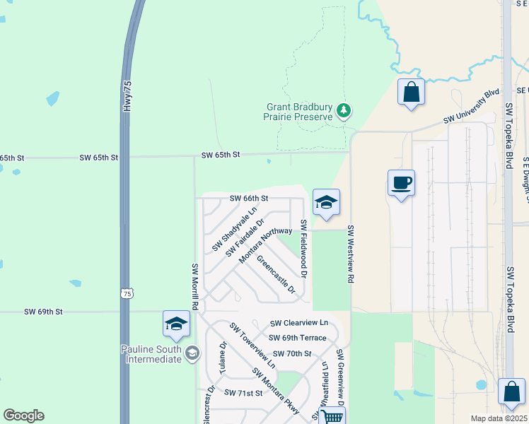 map of restaurants, bars, coffee shops, grocery stores, and more near 6619 Southwest Fairdale Drive in Topeka