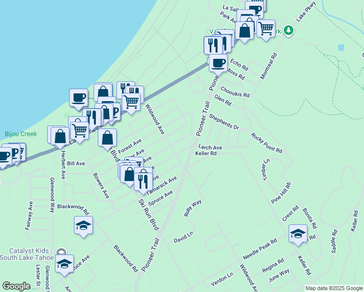 map of restaurants, bars, coffee shops, grocery stores, and more near 3777 Larch Avenue in South Lake Tahoe