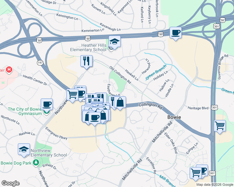 map of restaurants, bars, coffee shops, grocery stores, and more near 15835 Easthaven Court in Bowie