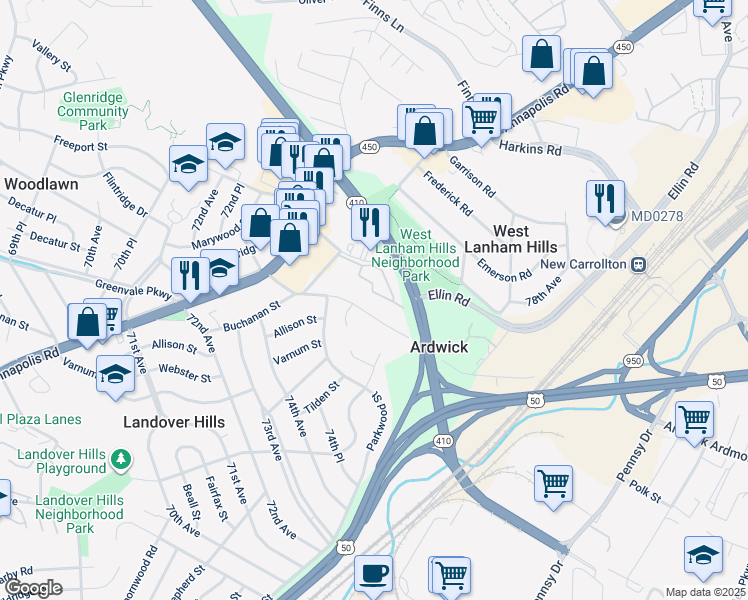 map of restaurants, bars, coffee shops, grocery stores, and more near 7521 Buchanan Street in Hyattsville