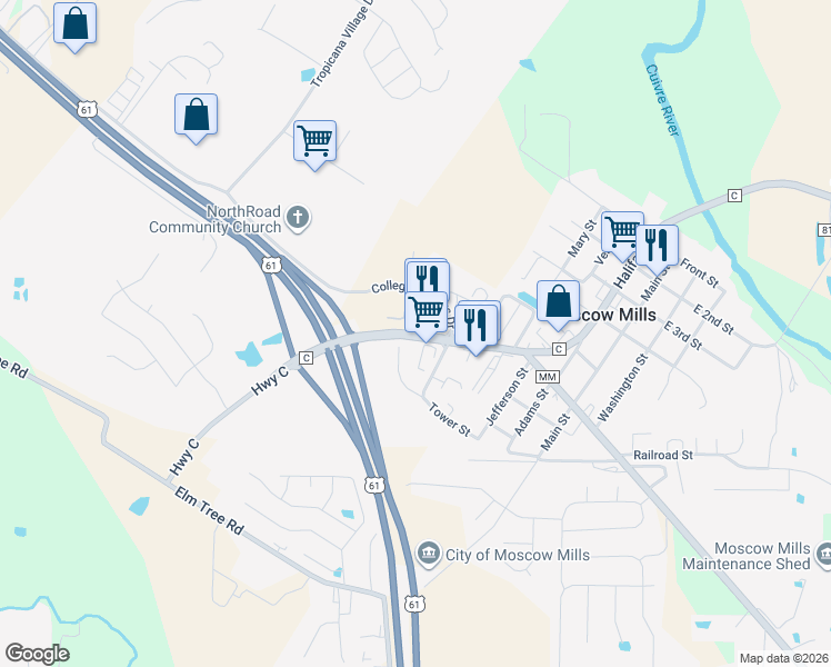 map of restaurants, bars, coffee shops, grocery stores, and more near 40 Walter Court in Moscow Mills