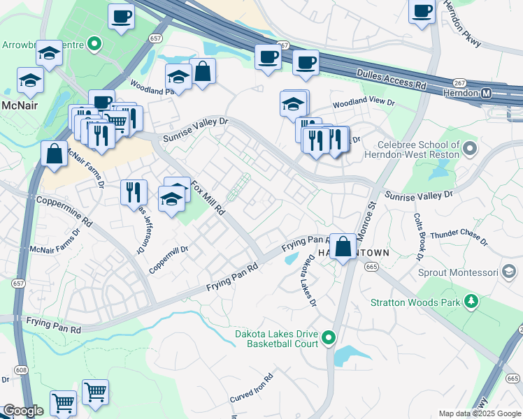 map of restaurants, bars, coffee shops, grocery stores, and more near 2416 Cypress Green Lane in Herndon