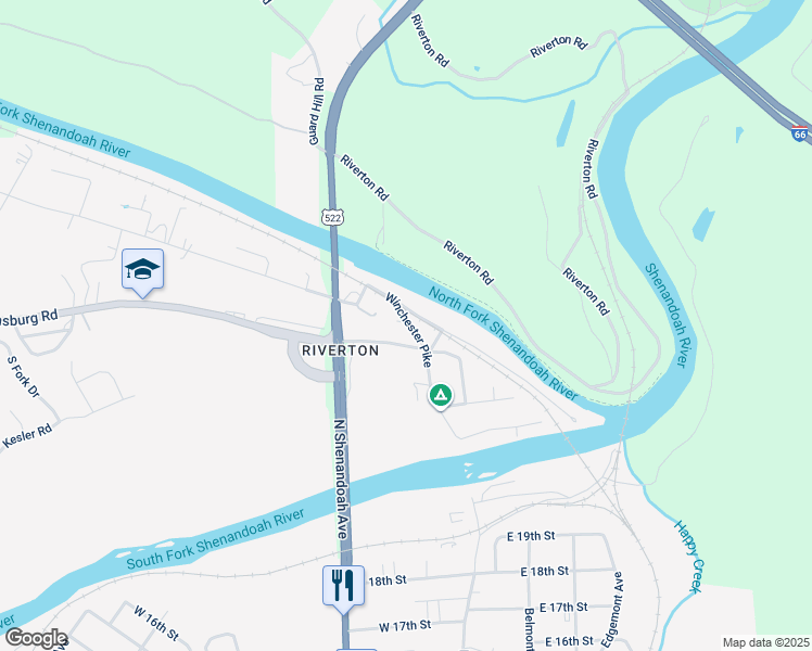 map of restaurants, bars, coffee shops, grocery stores, and more near 1383 Old Winchester Pike in Front Royal
