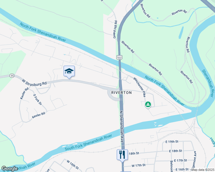 map of restaurants, bars, coffee shops, grocery stores, and more near 52 West Strasburg Road in Front Royal