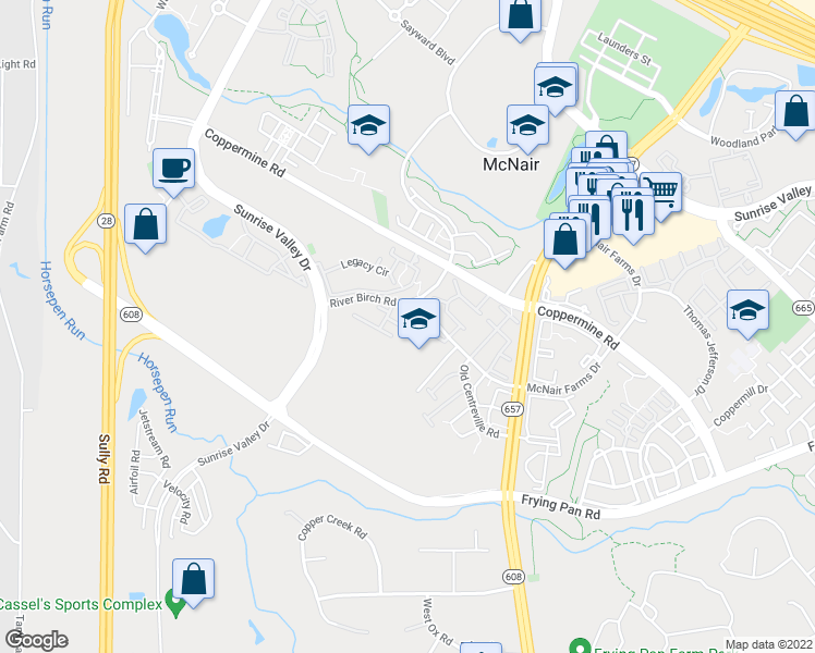 map of restaurants, bars, coffee shops, grocery stores, and more near 13635 Beckingham Drive in Herndon