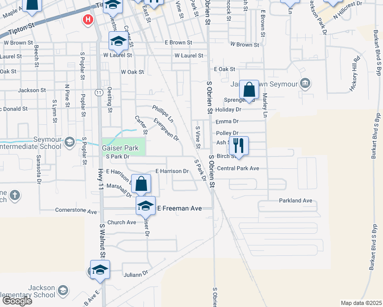map of restaurants, bars, coffee shops, grocery stores, and more near 100 South Park Drive in Seymour