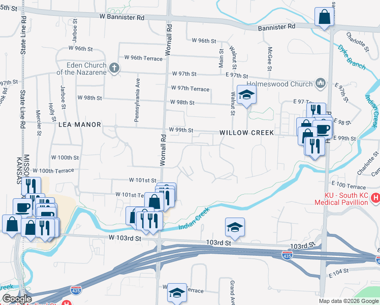 map of restaurants, bars, coffee shops, grocery stores, and more near 201 West 99th Terrace in Kansas City