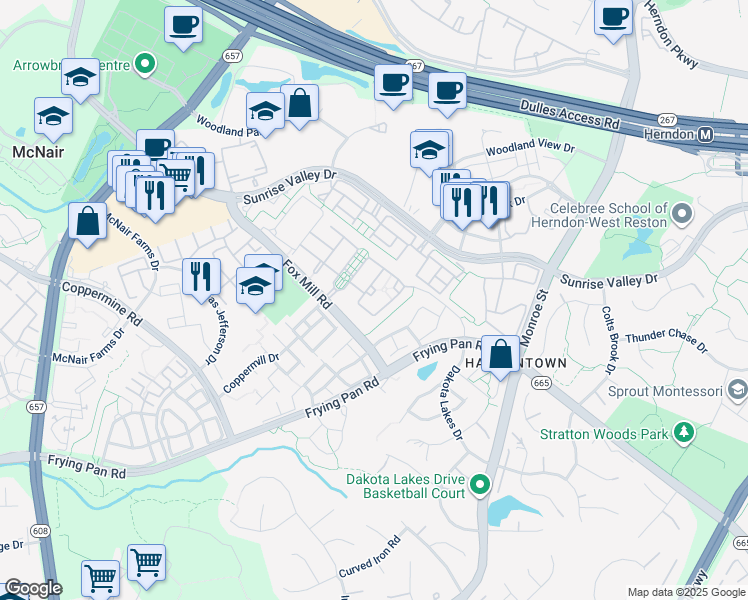 map of restaurants, bars, coffee shops, grocery stores, and more near 2458 Cypress Green Lane in Herndon