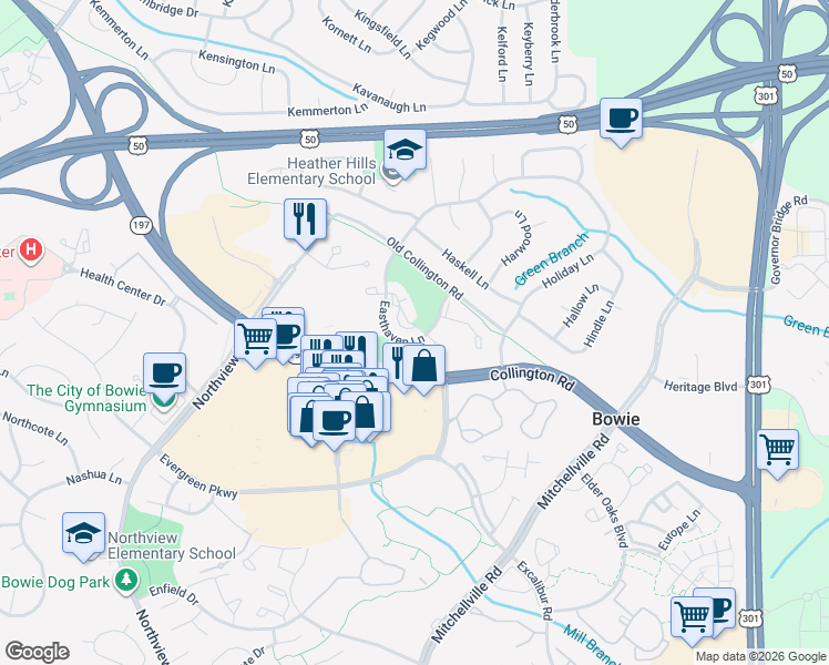 map of restaurants, bars, coffee shops, grocery stores, and more near 15843 Easthaven Court in Bowie
