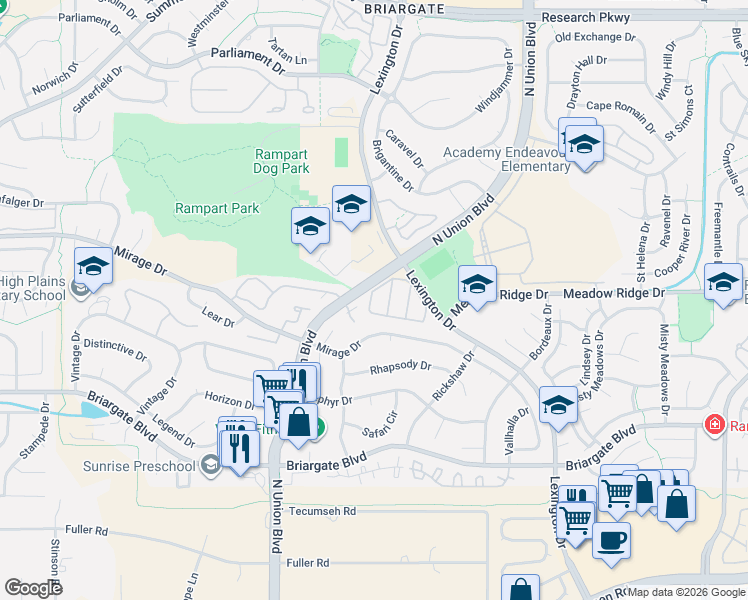 map of restaurants, bars, coffee shops, grocery stores, and more near 8067 Lexington Park Drive in Colorado Springs