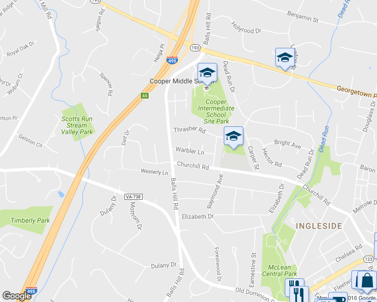 map of restaurants, bars, coffee shops, grocery stores, and more near Warbler Lane in McLean
