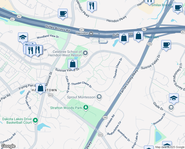 map of restaurants, bars, coffee shops, grocery stores, and more near 12705 Hitchcock Court in Reston