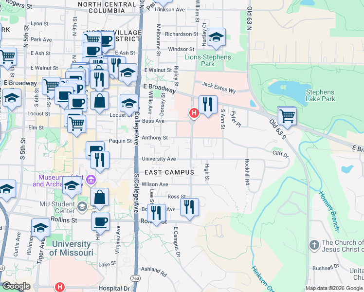 map of restaurants, bars, coffee shops, grocery stores, and more near 405 South William Street in Columbia