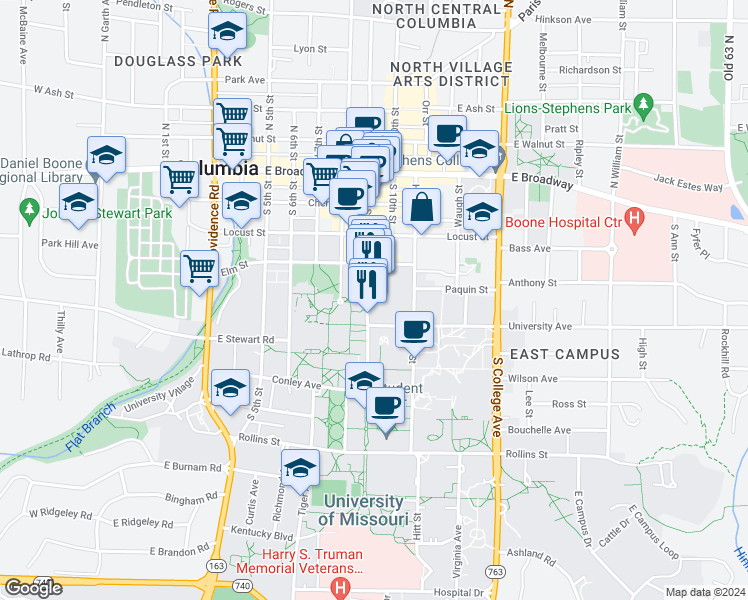 map of restaurants, bars, coffee shops, grocery stores, and more near 401 South 9th Street in Columbia