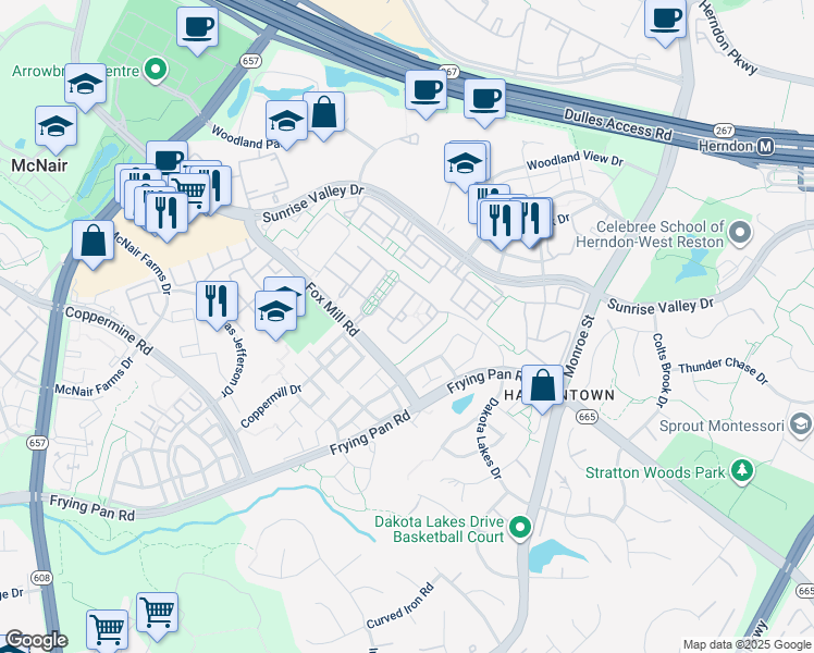 map of restaurants, bars, coffee shops, grocery stores, and more near 2458 Cypress Green Lane in Herndon