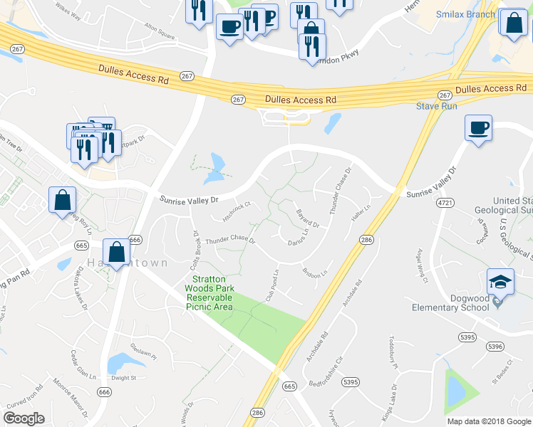 map of restaurants, bars, coffee shops, grocery stores, and more near 12705 Hitchcock Court in Reston