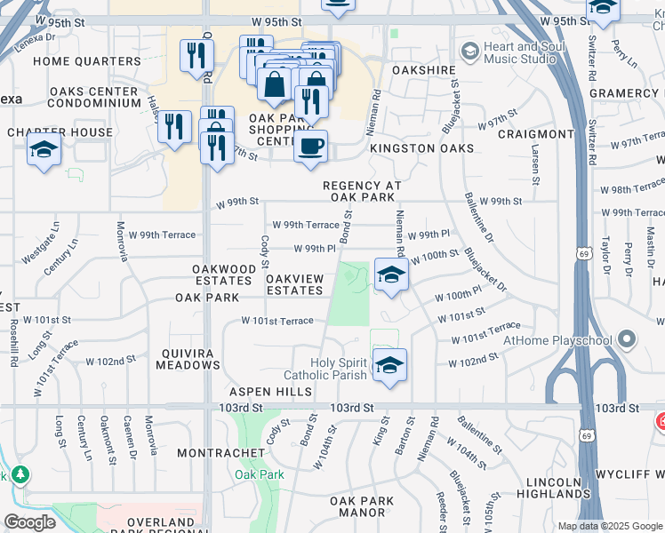 map of restaurants, bars, coffee shops, grocery stores, and more near 11303 West 99th Place in Overland Park