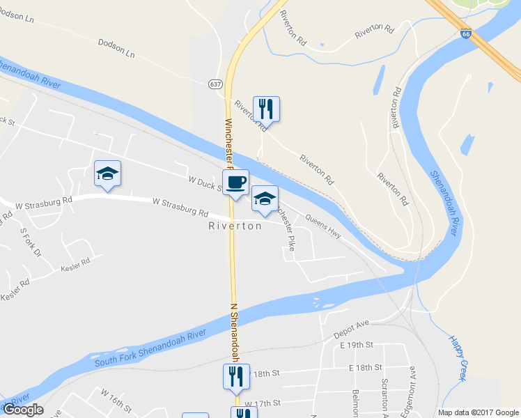 map of restaurants, bars, coffee shops, grocery stores, and more near 48 East Strasburg Road in Front Royal