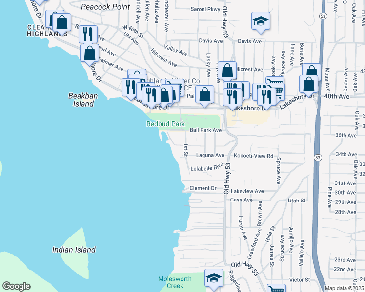 map of restaurants, bars, coffee shops, grocery stores, and more near 4970 Beach Avenue in Clearlake