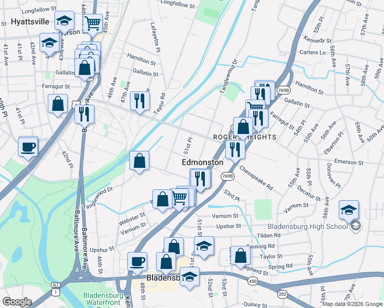map of restaurants, bars, coffee shops, grocery stores, and more near 5116 Crittenden Street in Hyattsville