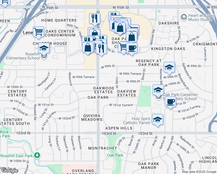 map of restaurants, bars, coffee shops, grocery stores, and more near 11730 West 100th Terrace in Overland Park