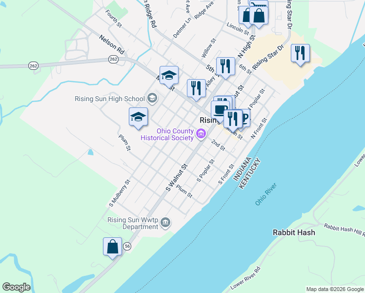map of restaurants, bars, coffee shops, grocery stores, and more near 310 1st Street in Rising Sun