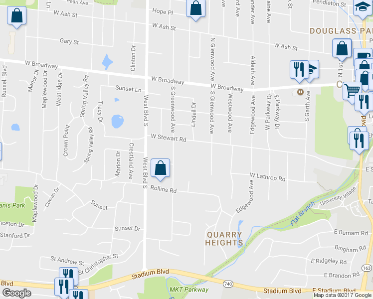 map of restaurants, bars, coffee shops, grocery stores, and more near 802 West Stewart Road in Columbia