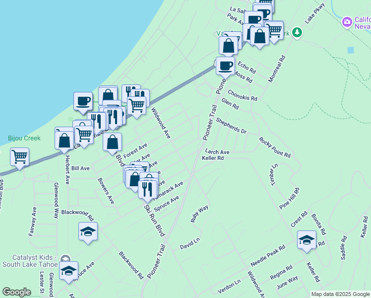map of restaurants, bars, coffee shops, grocery stores, and more near 3778 Aspen Avenue in South Lake Tahoe