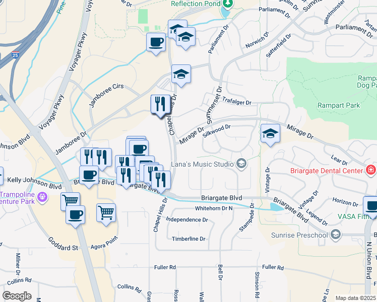 map of restaurants, bars, coffee shops, grocery stores, and more near 1702 Chapel Hills Drive in Colorado Springs
