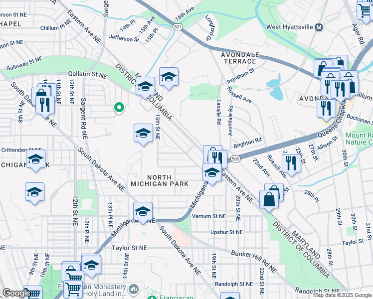 map of restaurants, bars, coffee shops, grocery stores, and more near 4801 Queens Chapel Terrace Northeast in Washington