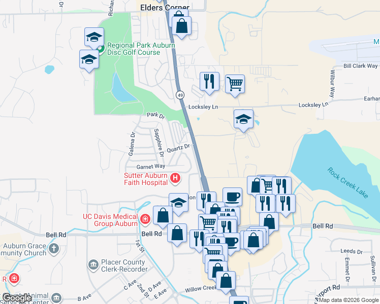 map of restaurants, bars, coffee shops, grocery stores, and more near 3571 Town Court in Auburn