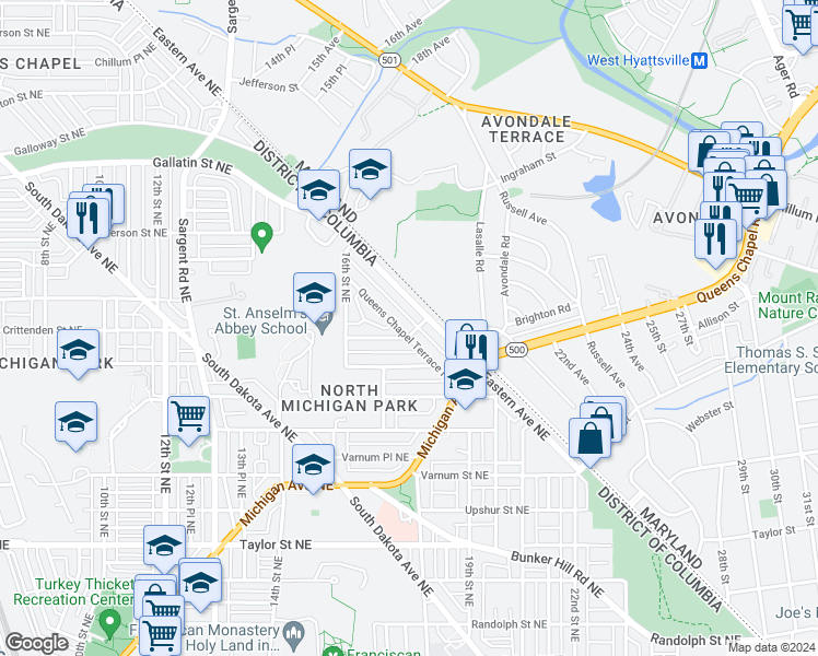 map of restaurants, bars, coffee shops, grocery stores, and more near 4801 Queens Chapel Terrace Northeast in Washington