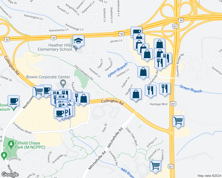 map of restaurants, bars, coffee shops, grocery stores, and more near 2203 Hindle Lane in Bowie