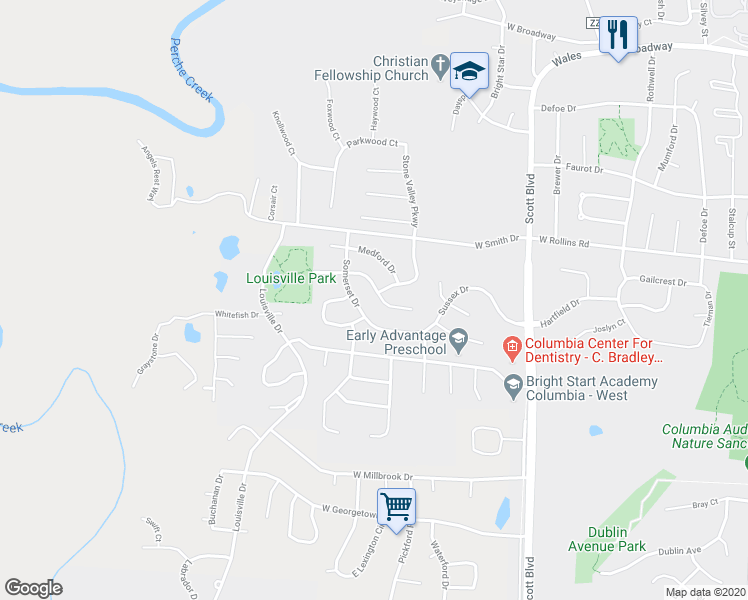 map of restaurants, bars, coffee shops, grocery stores, and more near 4708 Manhasset Drive in Columbia