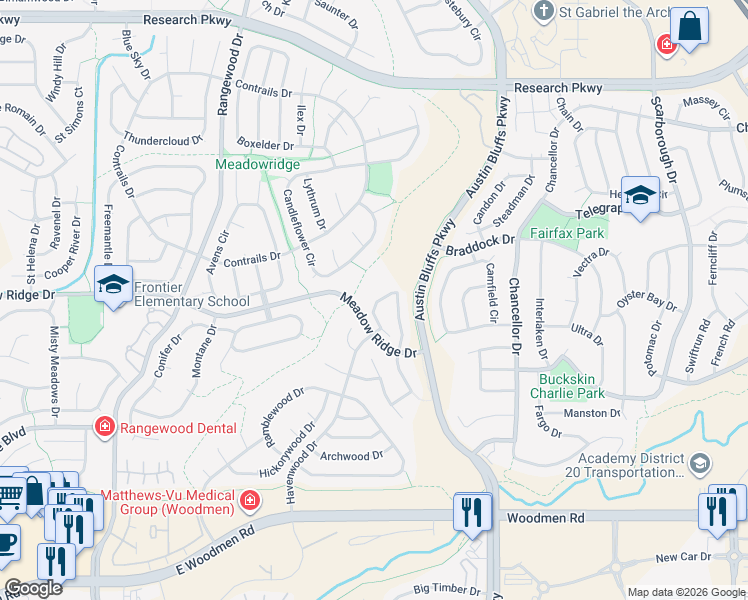 map of restaurants, bars, coffee shops, grocery stores, and more near 7950 Antelope Ridge Point in Colorado Springs