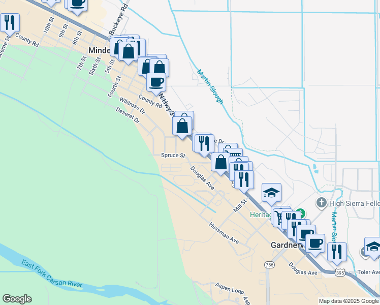 map of restaurants, bars, coffee shops, grocery stores, and more near 1542 U.S. Highway 395 North in Gardnerville