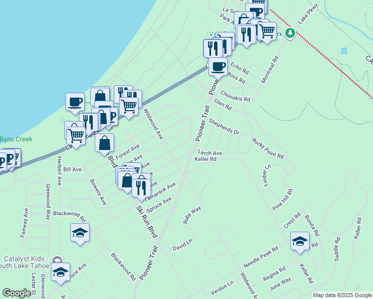 map of restaurants, bars, coffee shops, grocery stores, and more near 3793 Larch Avenue in South Lake Tahoe