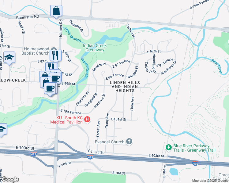 map of restaurants, bars, coffee shops, grocery stores, and more near 9906 Tracy Avenue in Kansas City