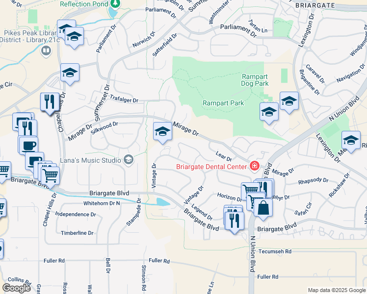 map of restaurants, bars, coffee shops, grocery stores, and more near 2347 Elite Terrace in Colorado Springs