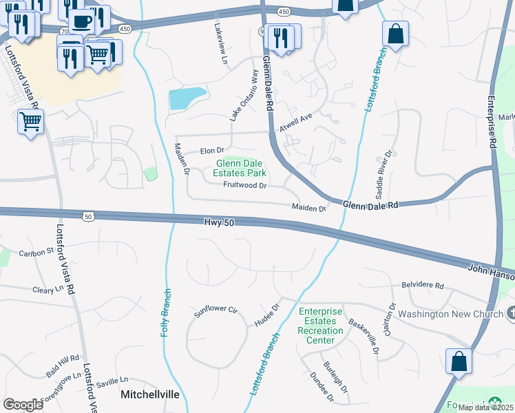 map of restaurants, bars, coffee shops, grocery stores, and more near 11109 Maiden Drive in Bowie