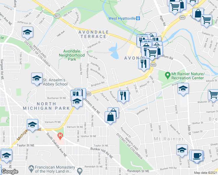 map of restaurants, bars, coffee shops, grocery stores, and more near Queens Chapel Rd & Russell Ave in Chillum