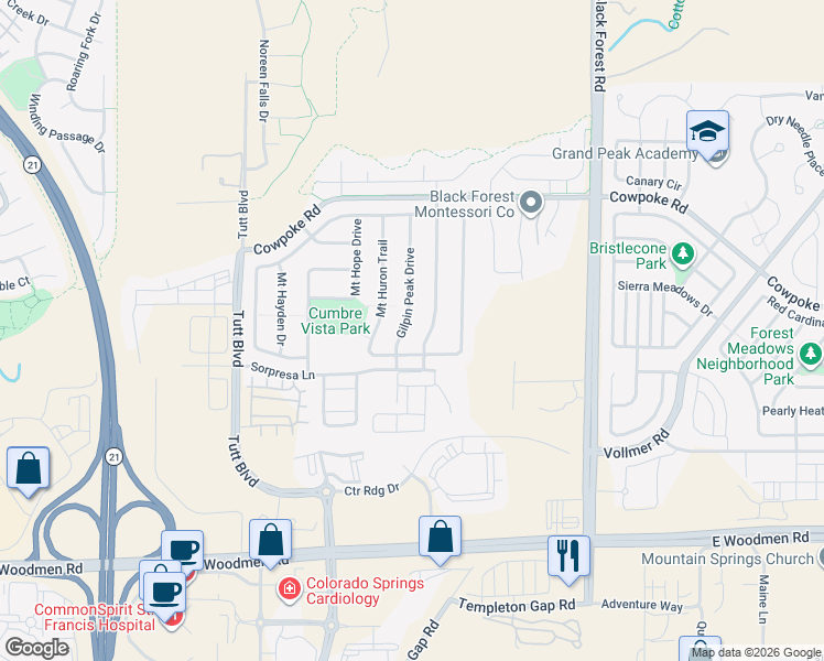 map of restaurants, bars, coffee shops, grocery stores, and more near 8032 De Anza Peak Trail in Colorado Springs
