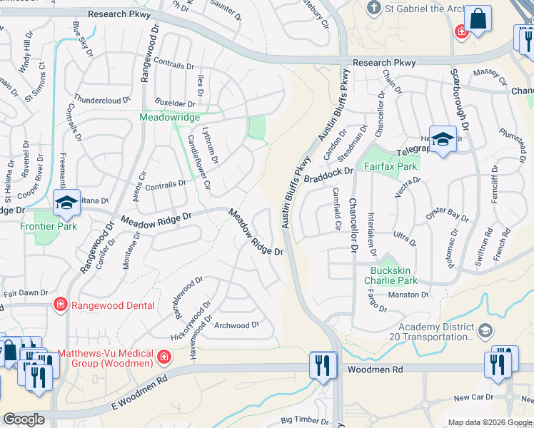 map of restaurants, bars, coffee shops, grocery stores, and more near 7979 Antelope Valley Point in Colorado Springs